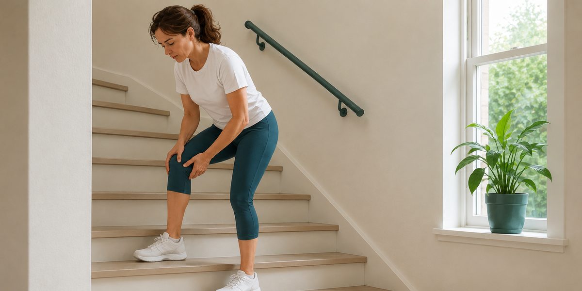Mujer bajando escaleras en casa, con las dos manos sobre la rodilla