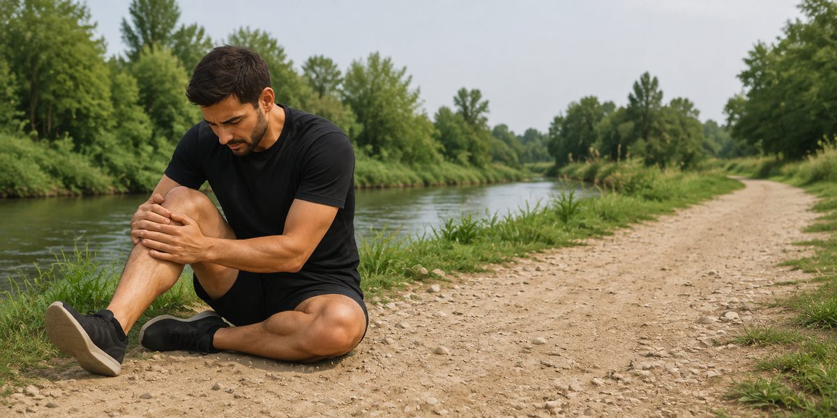 Corredor sentado en un paseo junto al río, sujetándose la rodilla tras entrenar