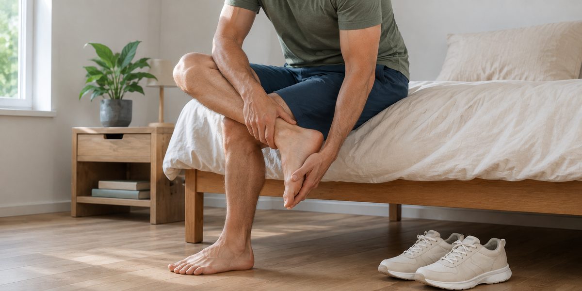 Hombre sentado en el borde de la cama sujetándose el talón al levantarse