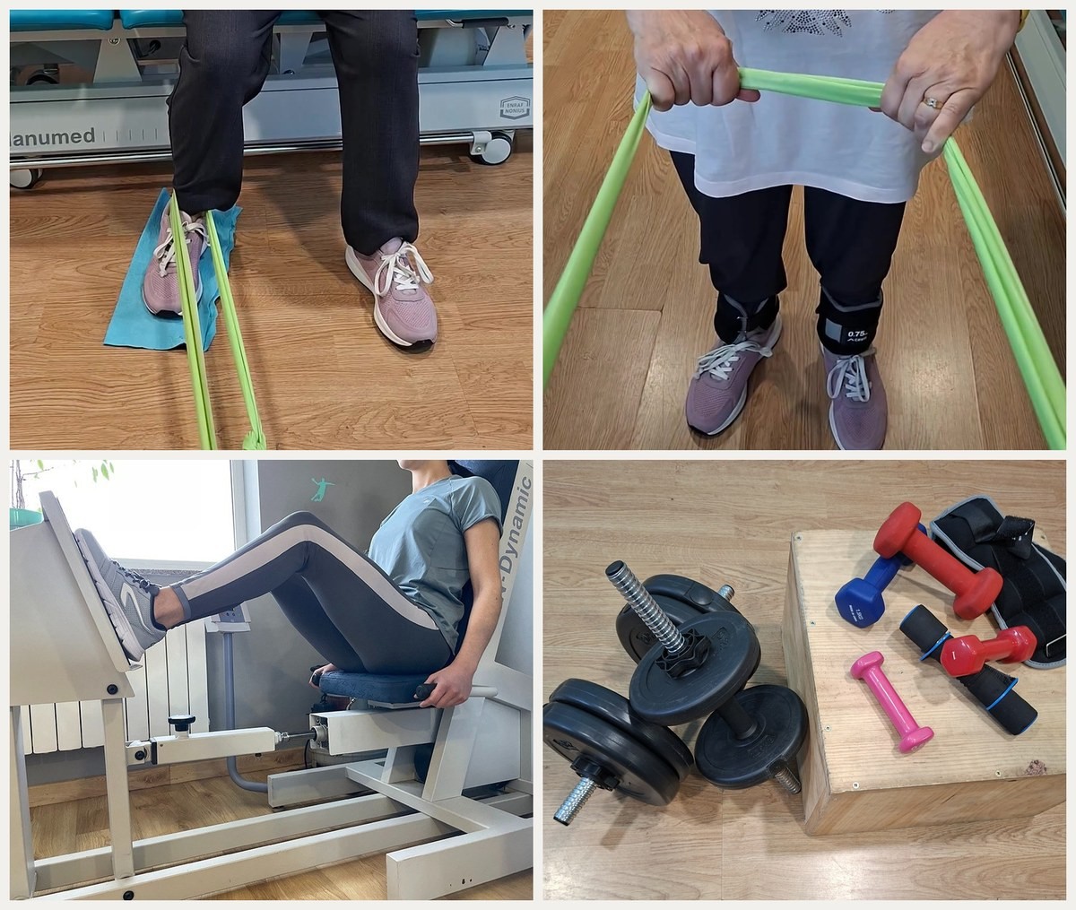 Material de ejercicio terapéutico para artrosis en la clínica de fisioterapia de Lugo: banda elástica, tobilleras lastradas, máquina de cuádriceps y mancuernas