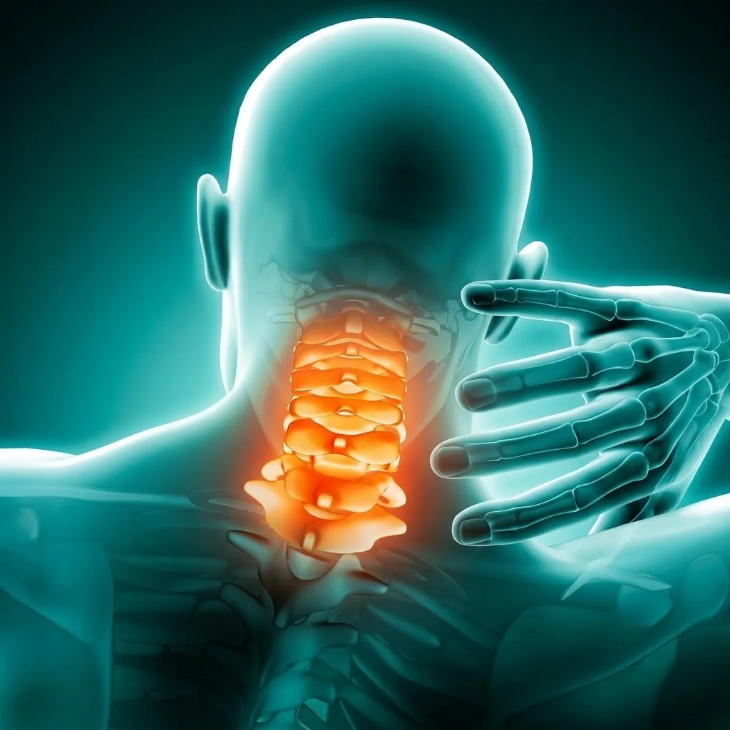 Ilustración de la columna cervical con las vértebras resaltadas en naranja y una mano llevándose el cuello