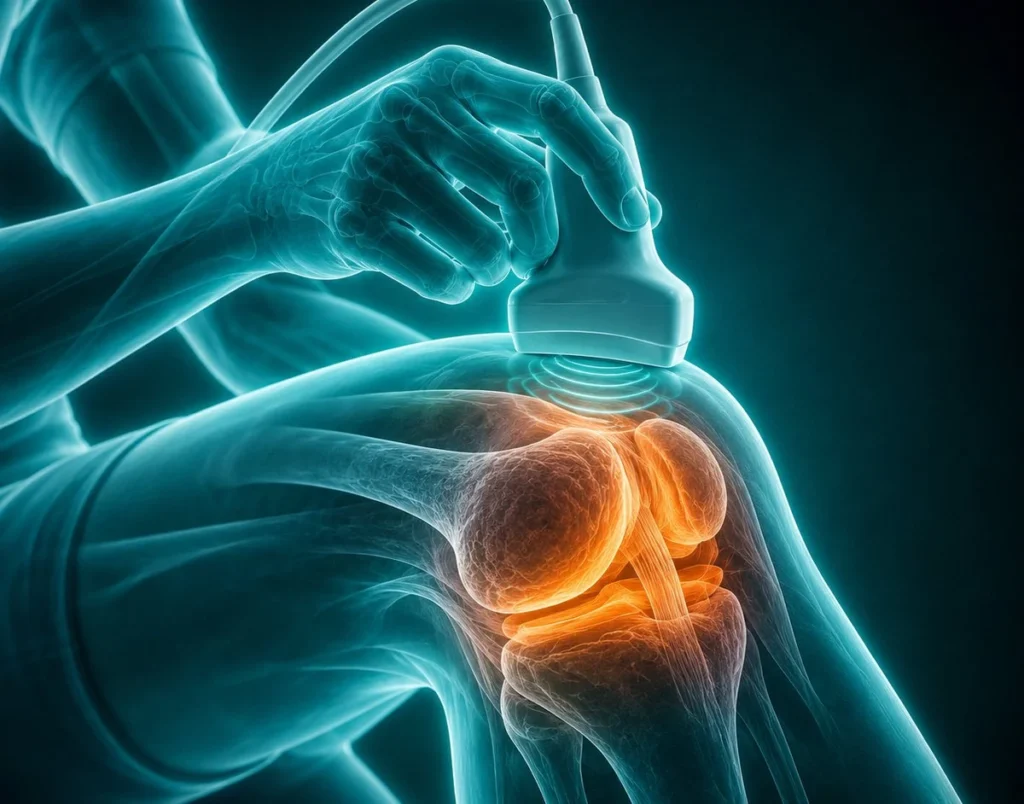 Ilustración de ecografía musculoesquelética: sonda apoyada sobre la rodilla
