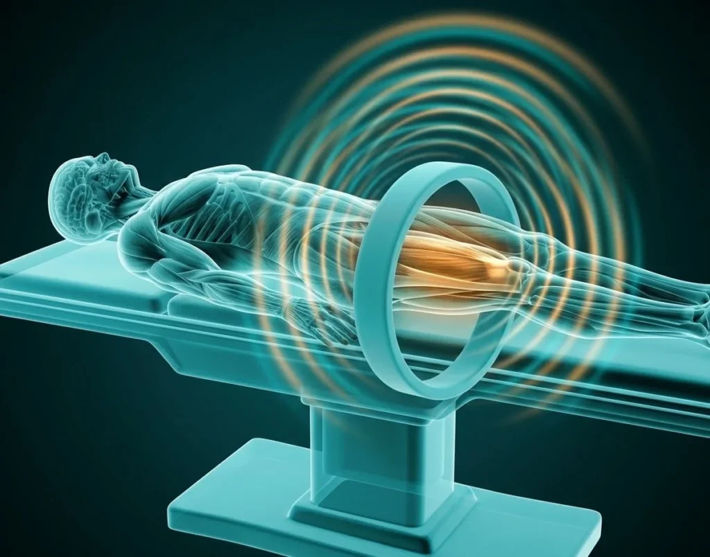 Ilustración de magnetoterapia: paciente tumbado con el anillo del equipo
