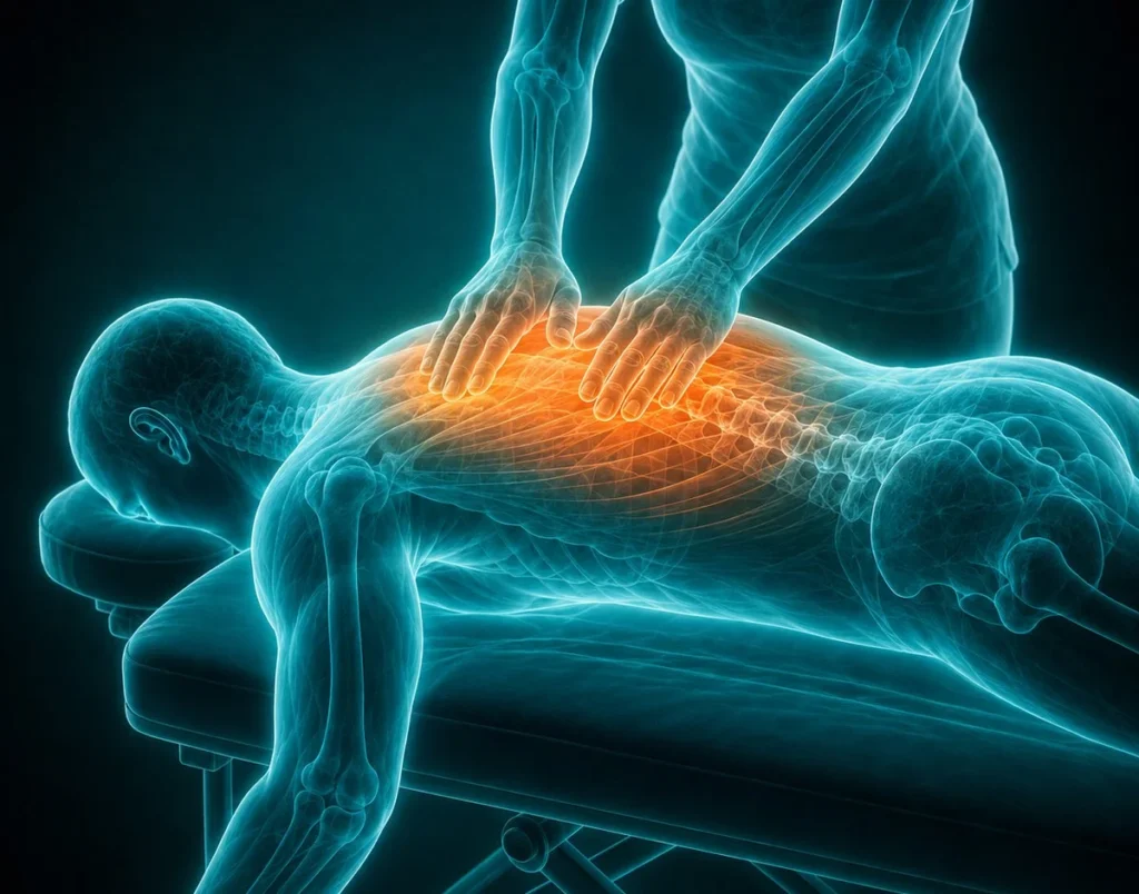 Ilustración de masaje terapéutico: manos trabajando la musculatura de la espalda