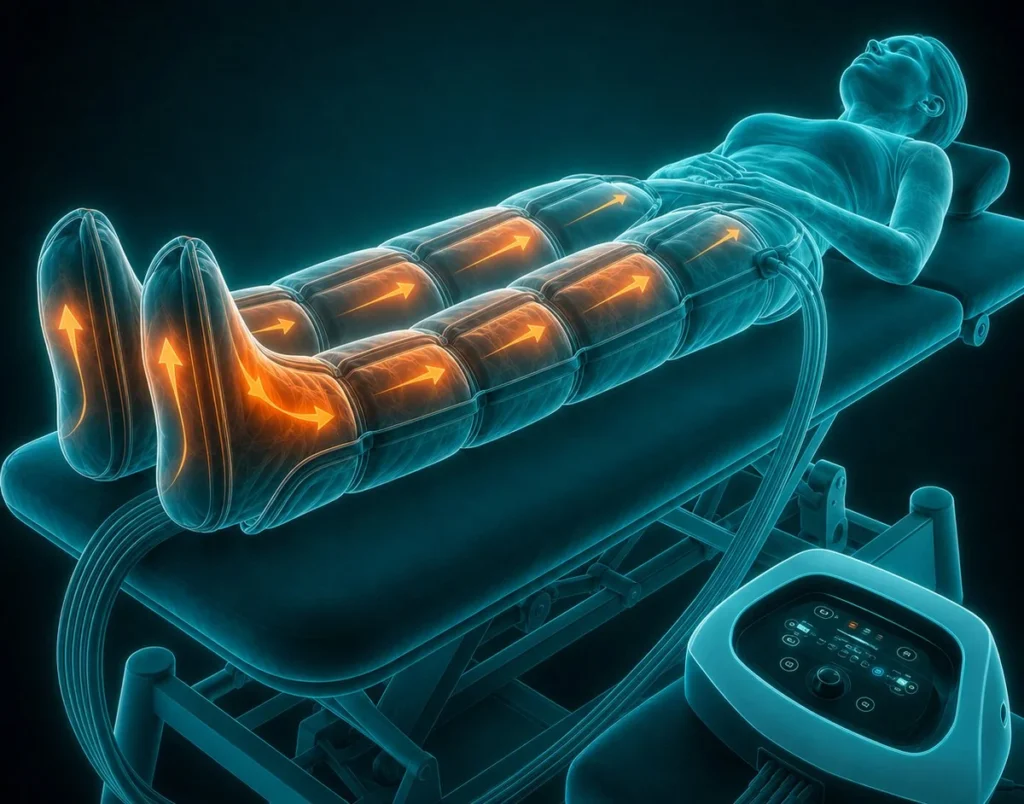 Ilustración de presoterapia: perneras de compresión secuencial sobre las piernas