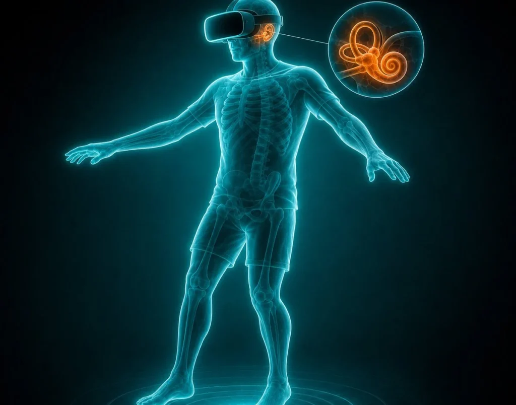 Ilustración de rehabilitación con gafas de realidad virtual y sistema vestibular