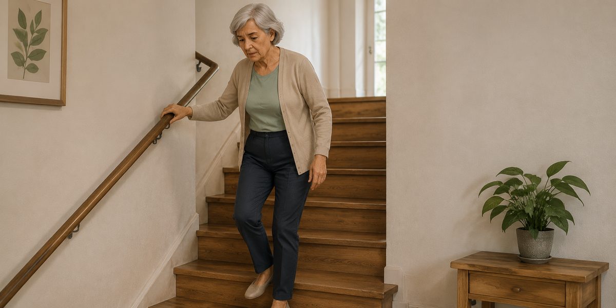 Mujer mayor bajando las escaleras de casa agarrada al pasamanos