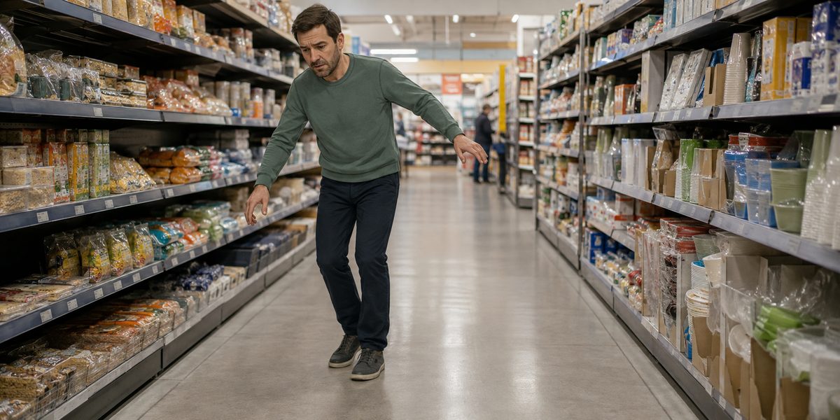 Hombre caminando por el pasillo de un supermercado con los brazos abiertos para mantener el equilibrio