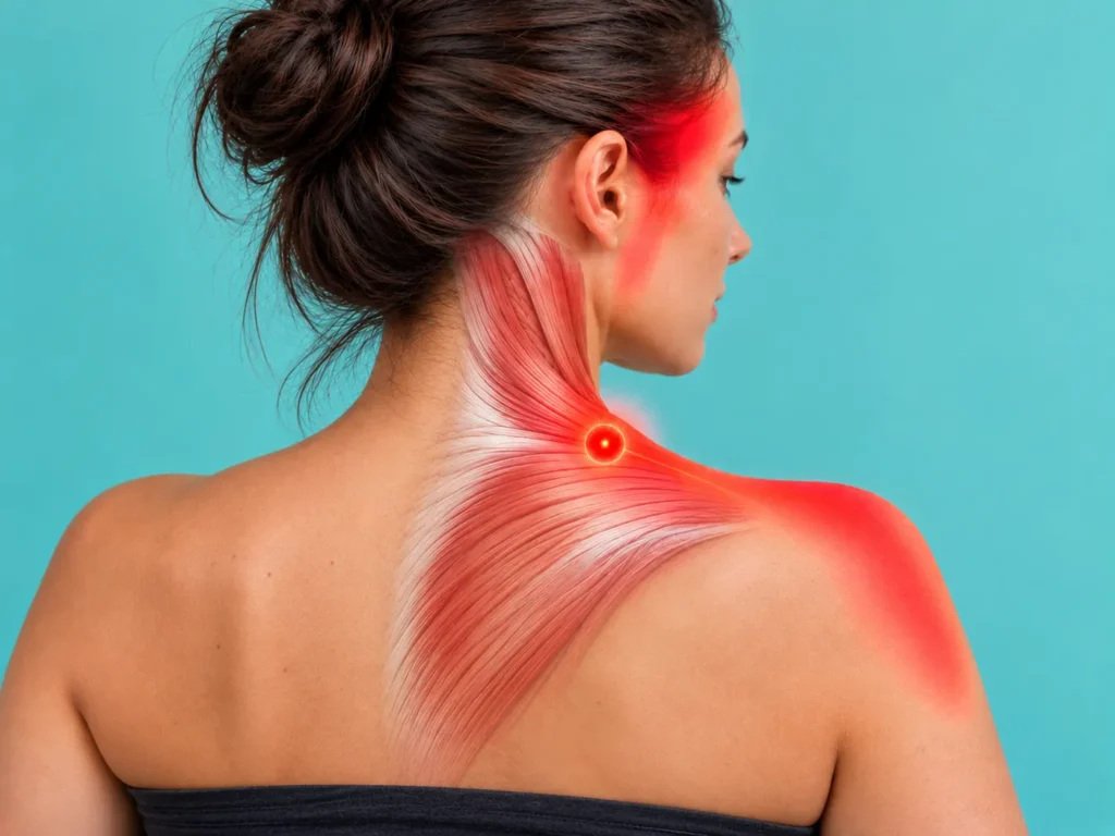 Zona del trapecio superior con un punto gatillo marcado y el área de dolor referido extendiéndose hacia el cuello, la cabeza y el hombro