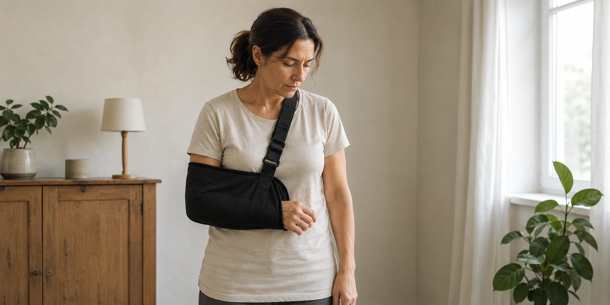 Mujer con el brazo en cabestrillo de pie en el salón de su casa