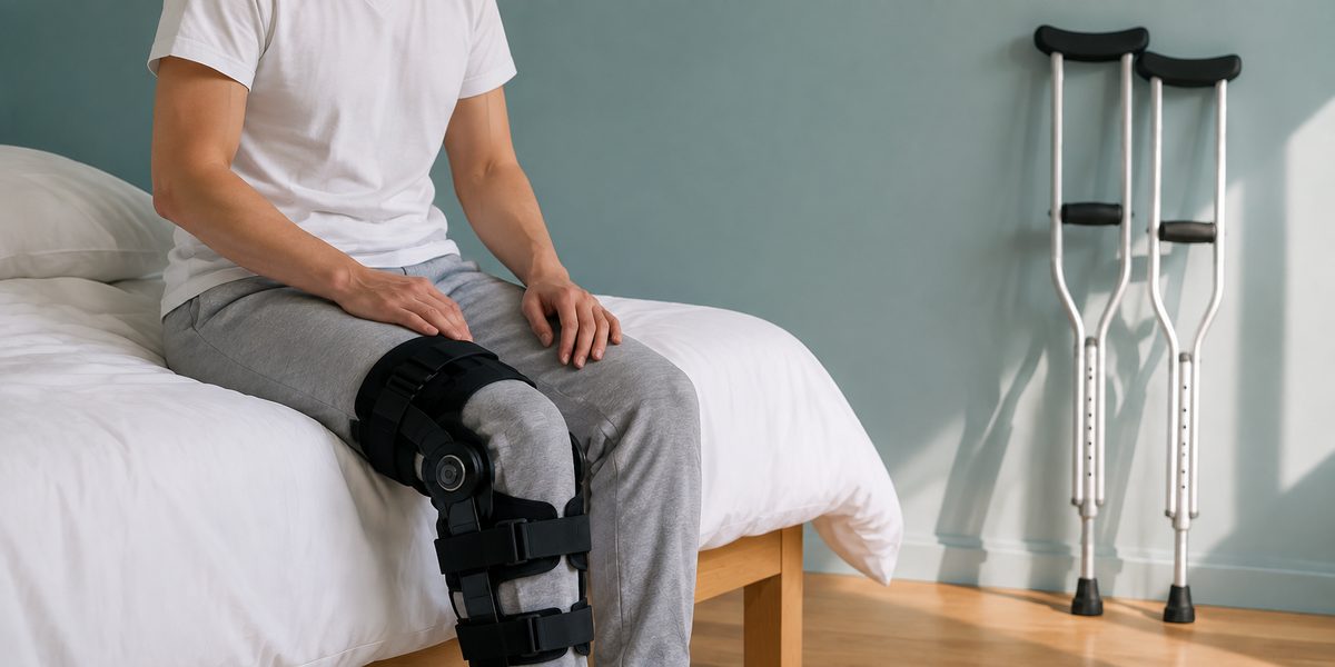 Persona sentada en el borde de la cama con una rodillera articulada y dos muletas apoyadas en la pared
