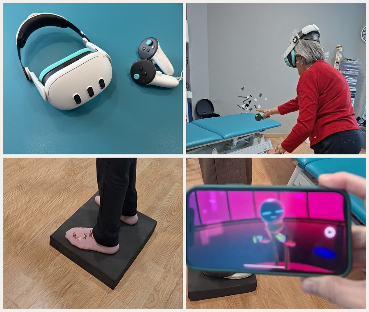 Rehabilitación vestibular con realidad virtual en la clínica de fisioterapia de Lugo: gafas Meta Quest 3, ejercicio con mandos, plataforma inestable y entorno virtual