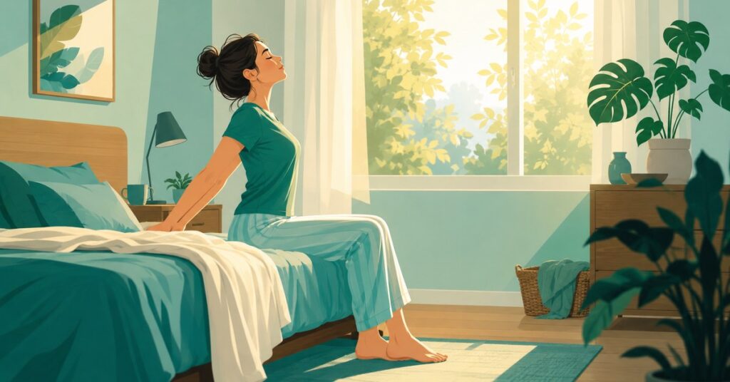 Ilustración de una mujer sentada en el borde de la cama estirando suavemente la espalda al despertar, con luz de mañana entrando por la ventana