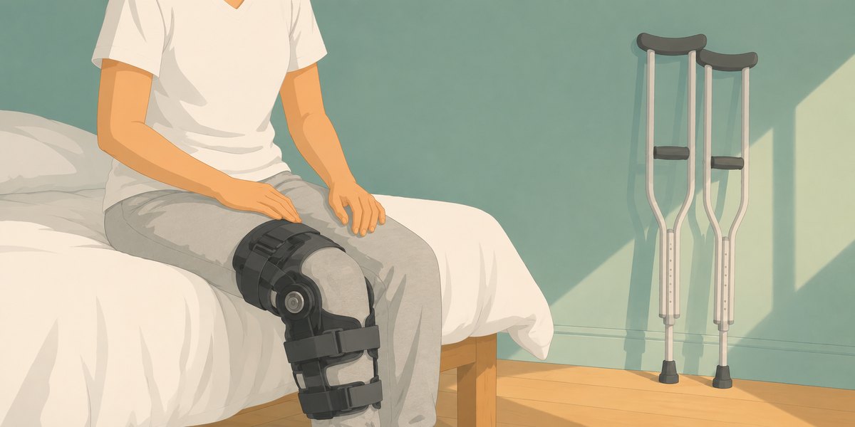 Persona sentada en el borde de la cama con una rodillera articulada y dos muletas apoyadas en la pared