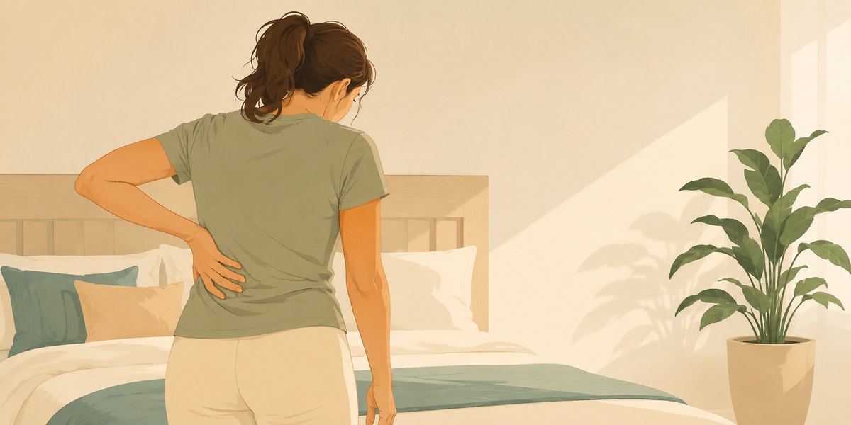 Mujer de espaldas en un dormitorio, con las manos en la zona lumbar al levantarse de la cama