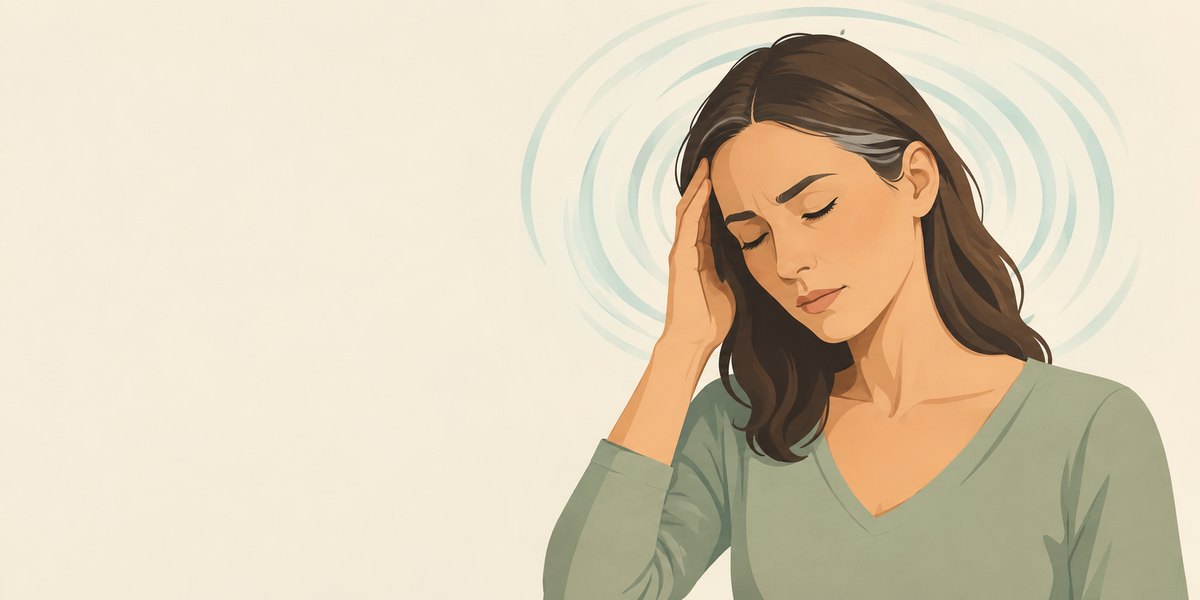 Mujer con los ojos cerrados y la mano en la sien, rodeada de círculos que representan el mareo