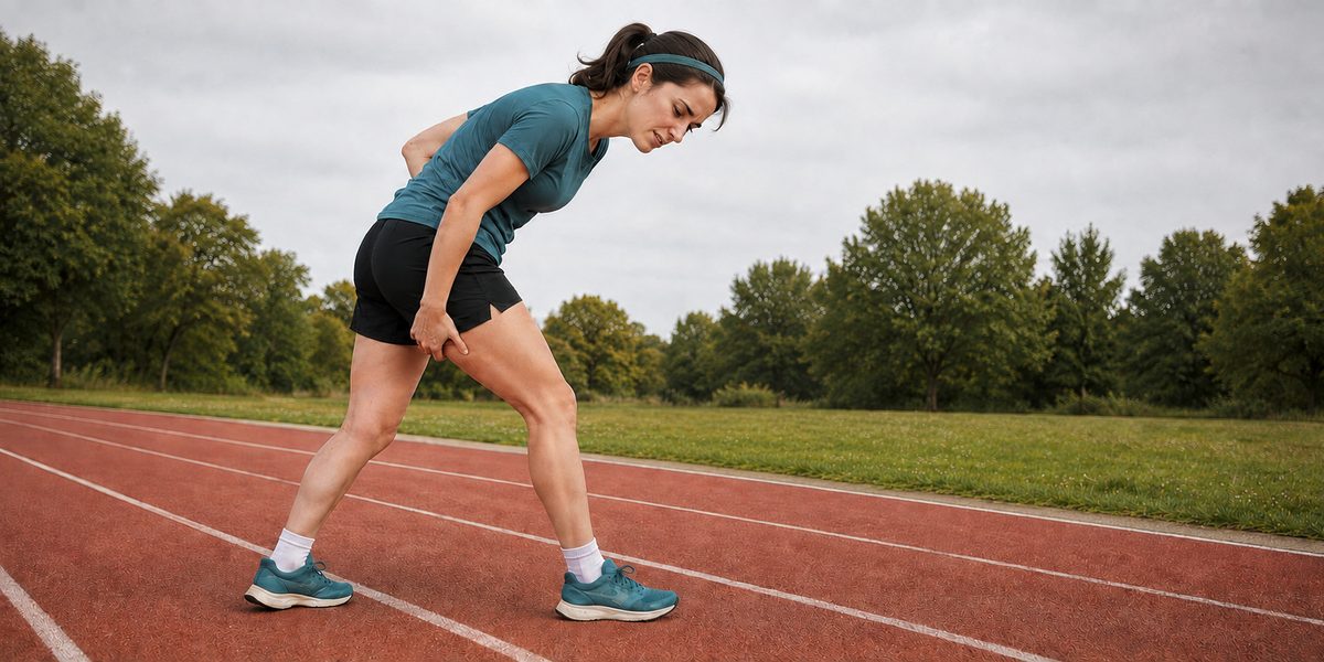 Mujer inclinada en la pista de atletismo con la mano en la parte de atrás del muslo